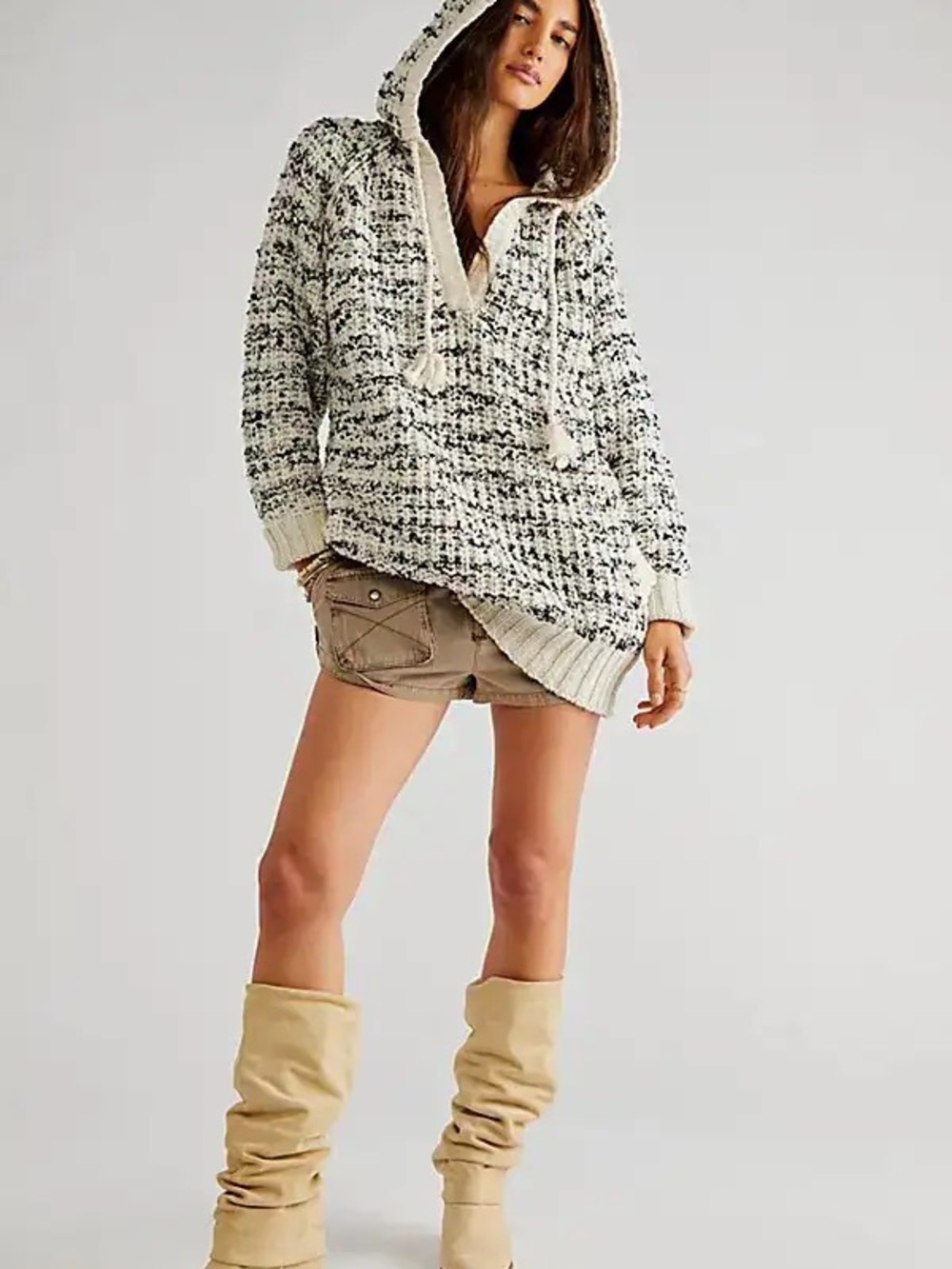 Free People Textured Hooded V-Neck Sweater in Cream and Black